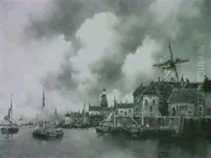 A Dutch Harbour Scene by Hermanus Koekkoek the Younger
