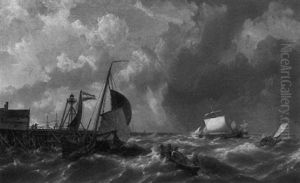 Sailors In A Rowing Boat Approaching Moored Sailing Vessels By A Jetty, Several Other Shipping Beyond by Hermanus Koekkoek the Younger