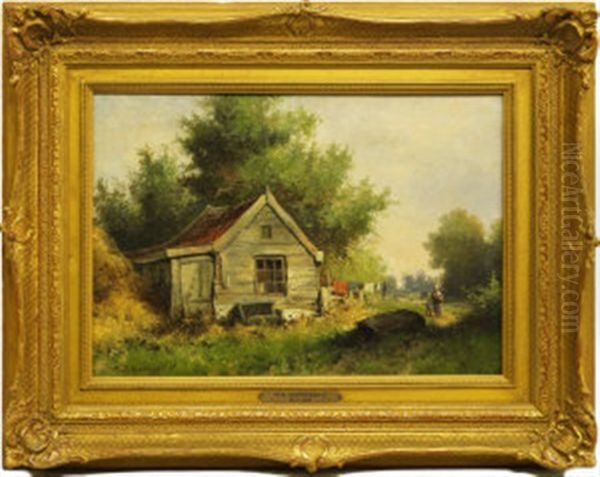 Figures By An Old Cottage With Woodland - view 1