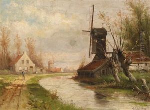 Hollandische Kanallandschaft Mit Einem Wanderer by Marinus Adrianus Koekkoek the Younger