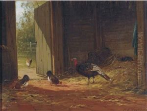 Turkey With Chickens In The Stable by Marinus Adrianus Koekkoek the Younger