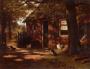 Chickens In A Farmyard by Marinus Adrianus Koekkoek the Younger