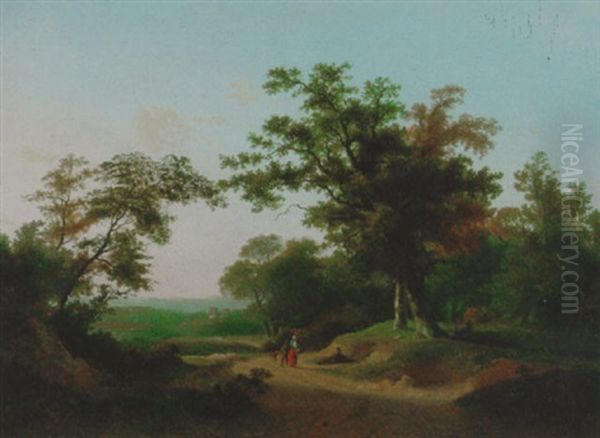 An Extensive Wooded Landscape With Travellers Resting On A Track - view 1