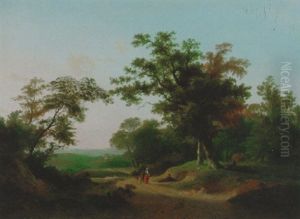 An Extensive Wooded Landscape With Travellers Resting On A Track by Marinus Adrianus Koekkoek the Younger