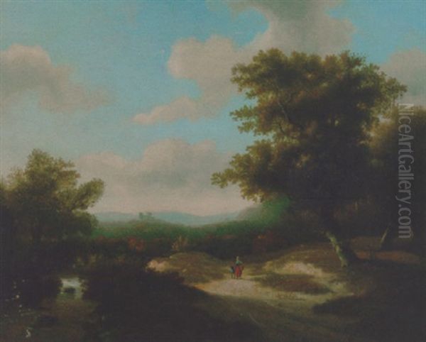 A Wooden River Landscape With Figures Walking Along A Path - view 1