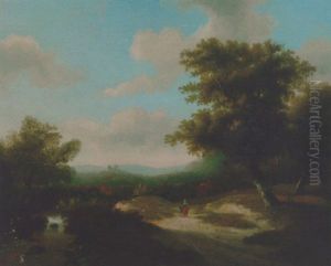 A Wooden River Landscape With Figures Walking Along A Path by Marinus Adrianus Koekkoek the Younger