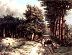 A Treelined Country Road With A Cowherd And His Cattle In The Foreground