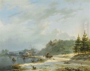 Winterlandschaft Mit Pferdekarren Und Personen Auf Dem Eis Winterlandschaft Mit Pferdekarren Und Personen Auf Dem Eis