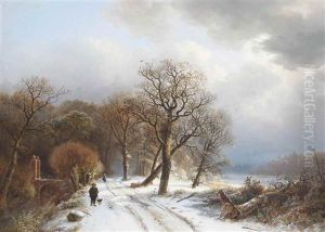A Morning Stroll On A Path In The Forest In Winter by Barend Cornelis Koekkoek