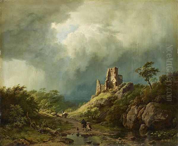 Travellers Passing A Ruined Castle In A Stormy Landscape - view 1