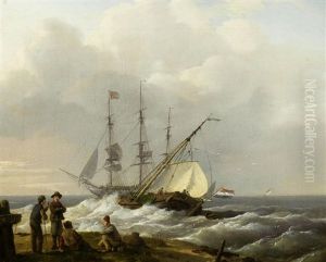 Fishermen On The Shore With Ships Setting Sail Beyond