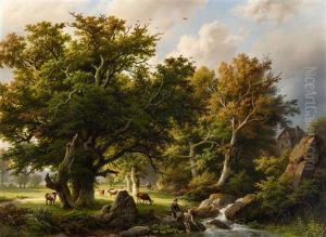 Landscape With Trees And Cows By A Stream by Barend Cornelis Koekkoek