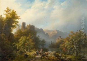 Mountainous River Landscape At Dawn, With Castle Ruins And Travellers