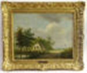 Rural Scene Of A Figure Seated By A Pond With A Cow And Some Sheep Lying Near Him In Front Of A Thatched Cottage Next To A Rough Track And Cross-roads With People Walking In The Distance by Barend Cornelis Koekkoek