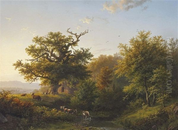 A Wooded Landscape With Grazing Cattle Near A Stream - view 1