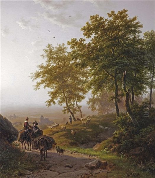 Boomrijk Landschap Bij Morgenstond: A Summer Landscape With Travellers And A Shepherd With His Flock - view 1