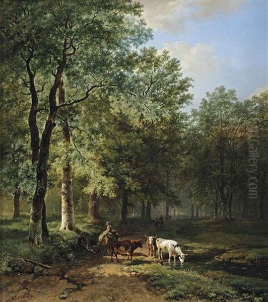 A Wooded Landscape With Travellers Resting On A Sunlit Path - view 1