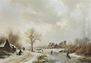 A Winter Landscape With Figures On A Path And Skaters On A Frozen Waterway by Barend Cornelis Koekkoek