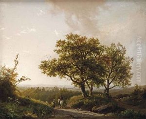 An Extensive Landscape With Travellers On A Sunlit Path, A View Of Nijmegen Beyond