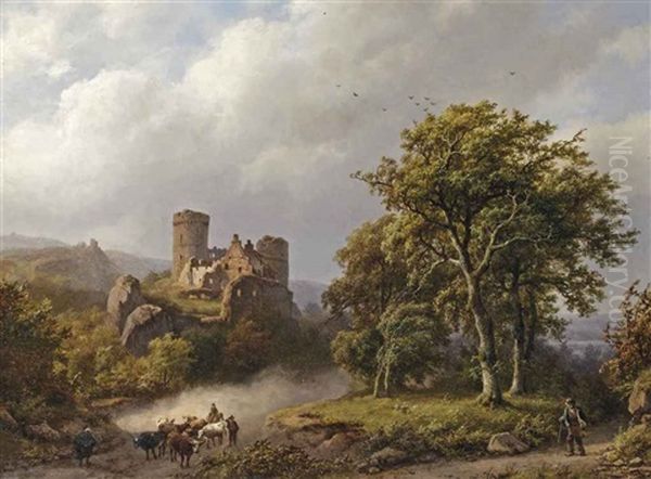 Figures And Cattle On A Path In A Wooded Landscape With A Castle Ruin Beyond - view 1