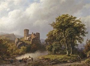 Figures And Cattle On A Path In A Wooded Landscape With A Castle Ruin Beyond by Barend Cornelis Koekkoek