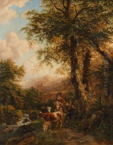 Viehhirten Auf Dem Waldweg Vor Gebirgskulisse Mit Burg Viehhirten Auf Dem Waldweg Vor Gebirgskulisse Mit Burg