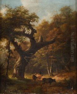 Kuhbauer Mit Seinem Vieh Im Wald by Barend Cornelis Koekkoek