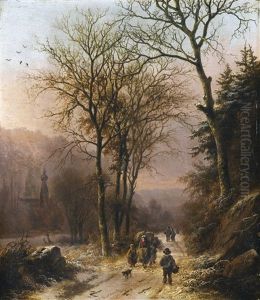 Figures On A Winter Road by Barend Cornelis Koekkoek