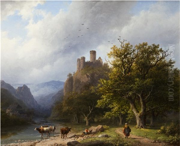 A Mountainous Landscape With Figures And Cattle By A Valley Stream - view 1
