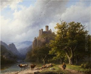 A Mountainous Landscape With Figures And Cattle By A Valley Stream A Mountainous Landscape With Figures And Cattle By A Valley Stream