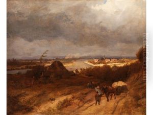 Landschaft Mit Blick Auf Ein Stadtchen Am Fluss Und Pferdekarren Im Vordergrund by Barend Cornelis Koekkoek