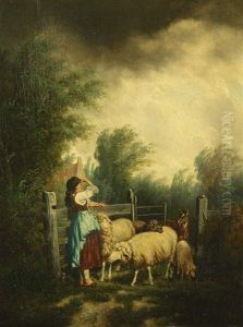 Landschaftsausschnitt Mit Bauerlicher Genreszene, Bauerin Mit Schafen, Unter Tiefliegendem Horizont Mit Gewitterwolken
