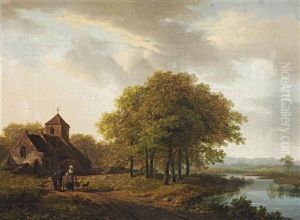 A Summer Landscape With Figures Near A Stream, A Church Behind by Barend Cornelis Koekkoek