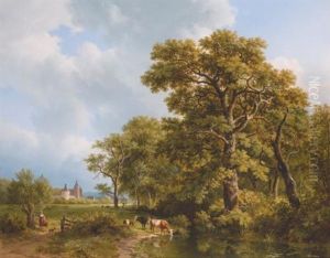 A Summer Landscape With Cows Watering, A Castle In The Distance by Barend Cornelis Koekkoek