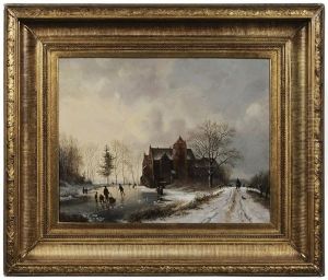 Skaters On A Frozen Pond Beside A Church