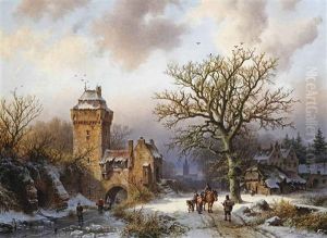 A Winter Landscape With Figures Conversing On A Snowy Path And Skaters On A Frozen Canal At The Entrance Of A Fortified Tower