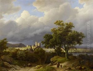 Weite Flusslandschaft Mit Reisenden Und Einer Ruine Im Hintergrund