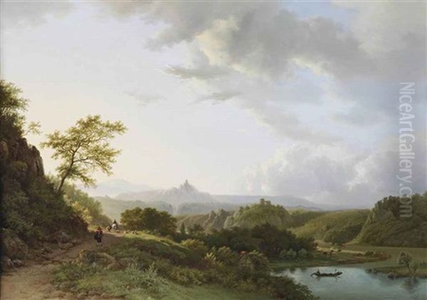 A Panoramic Summer Landscape With Travelers And A Castle Ruin In The Distance - view 1
