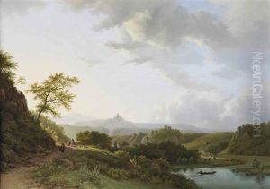 A Panoramic Summer Landscape With Travelers And A Castle Ruin In The Distance