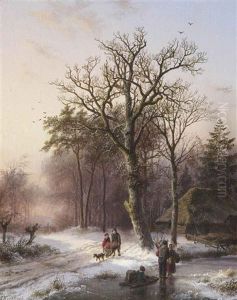 A Winter Landscape With Figures On A Path And Figures With A Sleigh On The Ice by Barend Cornelis Koekkoek