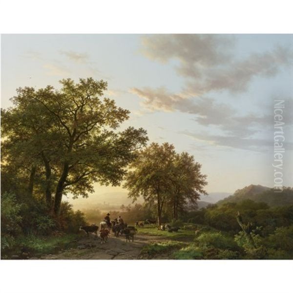 Travellers With Cattle And Donkeys On A Sunlit Path In A Rhenish Panoramic Landscape - view 1
