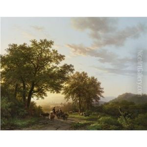Travellers With Cattle And Donkeys On A Sunlit Path In A Rhenish Panoramic Landscape