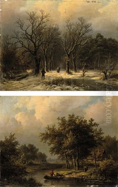 Figures On A Snow Covered Path (+ Crossing A River In Summer; Pair) - view 1
