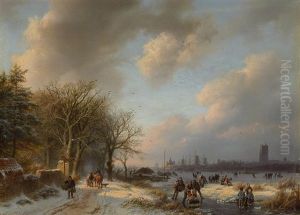 Skaters On A Waterway With A Koek-en-zopie Beyond by Barend Cornelis Koekkoek