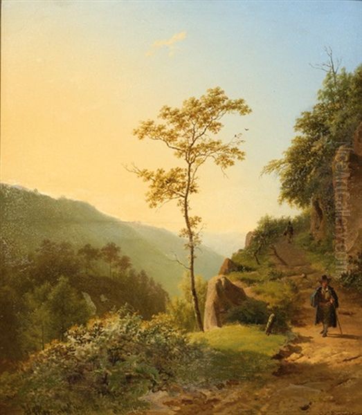 A Traveler On A Mountain Path By Sunset - view 1