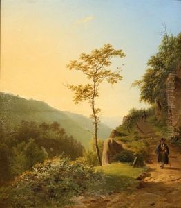 A Traveler On A Mountain Path By Sunset by Barend Cornelis Koekkoek