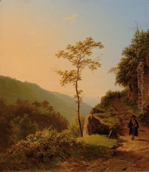Traveller On A Mountain Path At Sunset - view 1