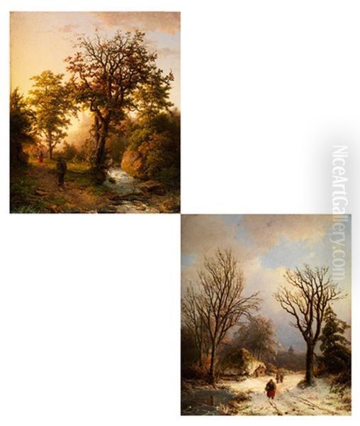 Winterlandschaft Mit Figurenstaffage Auf Verschneitem Waldweg Mit Einem Haus Im Hintergrund (+ Herbstwald; Pair) - view 1