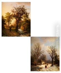 Winterlandschaft Mit Figurenstaffage Auf Verschneitem Waldweg Mit Einem Haus Im Hintergrund (+ Herbstwald; Pair) by Barend Cornelis Koekkoek