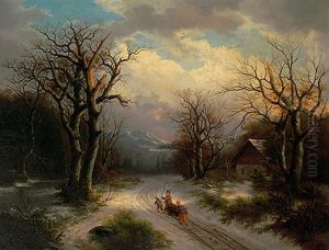 Reisig Sammelnde Kinder Auf Dem Heimweg In Winterlicher Landschaft by Barend Cornelis Koekkoek